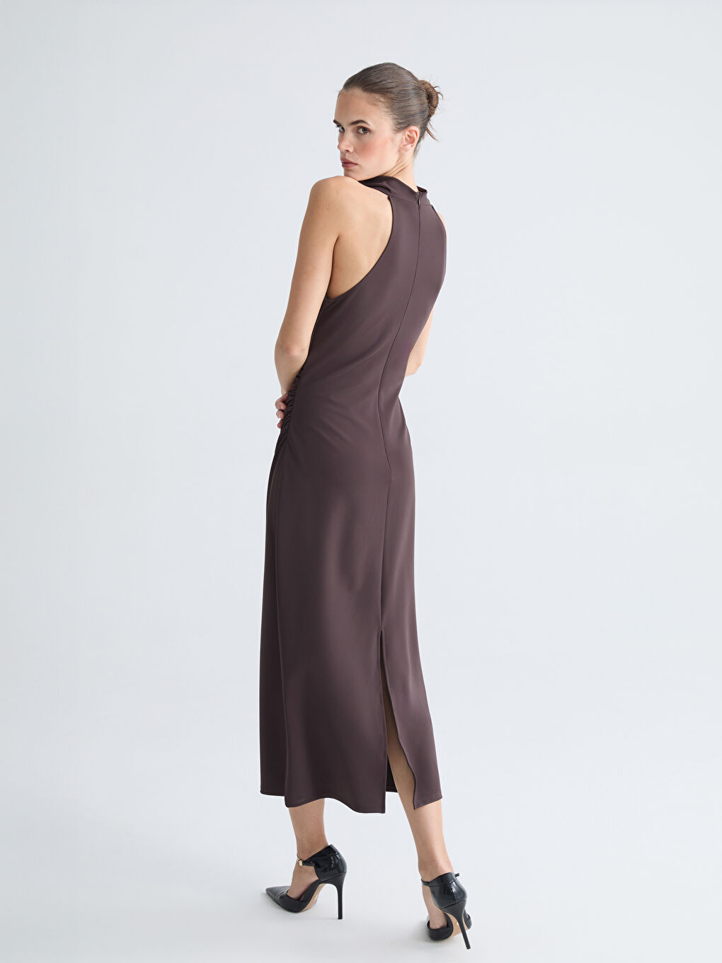 Draped Collar Gathered Crepe Dress-4