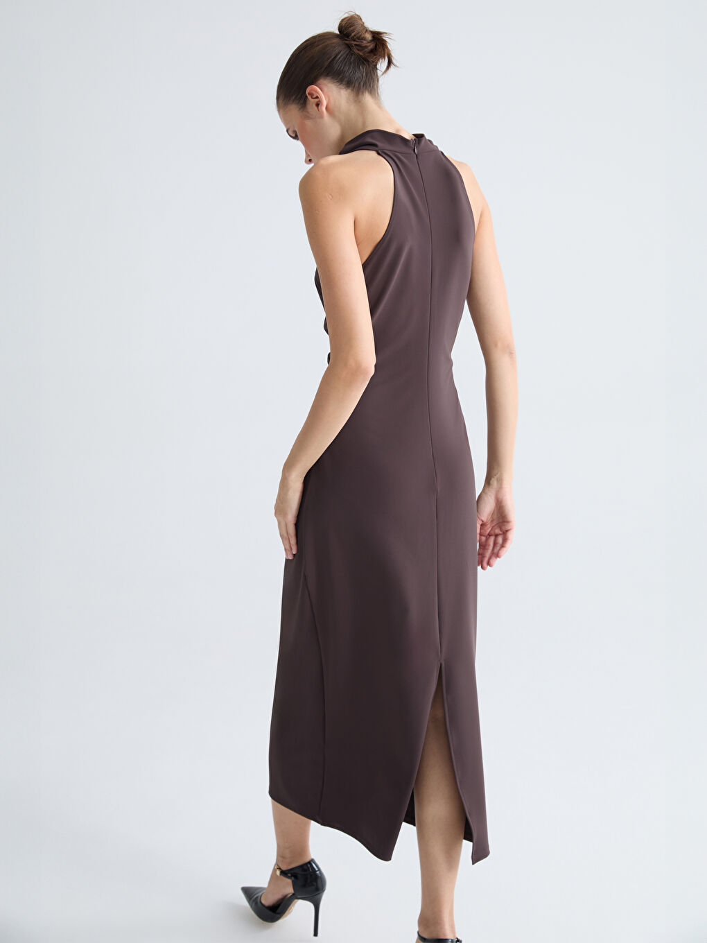 Draped Collar Gathered Crepe Dress-6