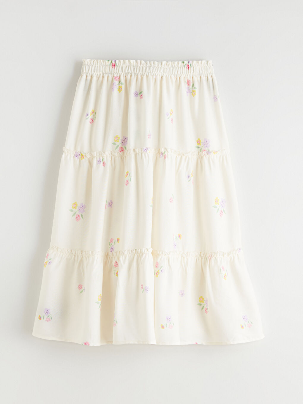 Ekru Beli Lastikli Çiçekli Kız Çocuk Etek