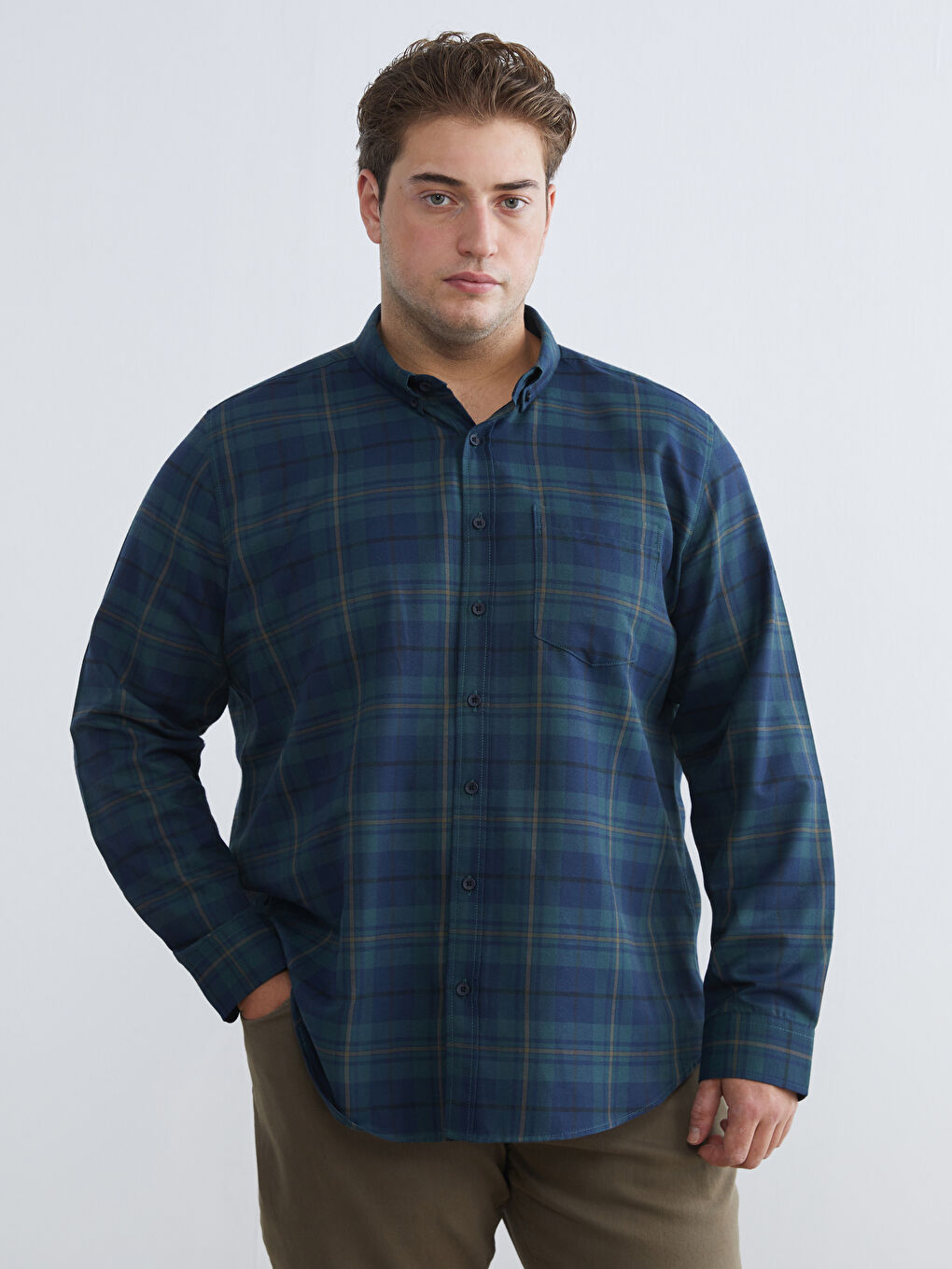 Yeşil Regular Fit Uzun Kollu Ekose Gabardin Erkek Gömlek