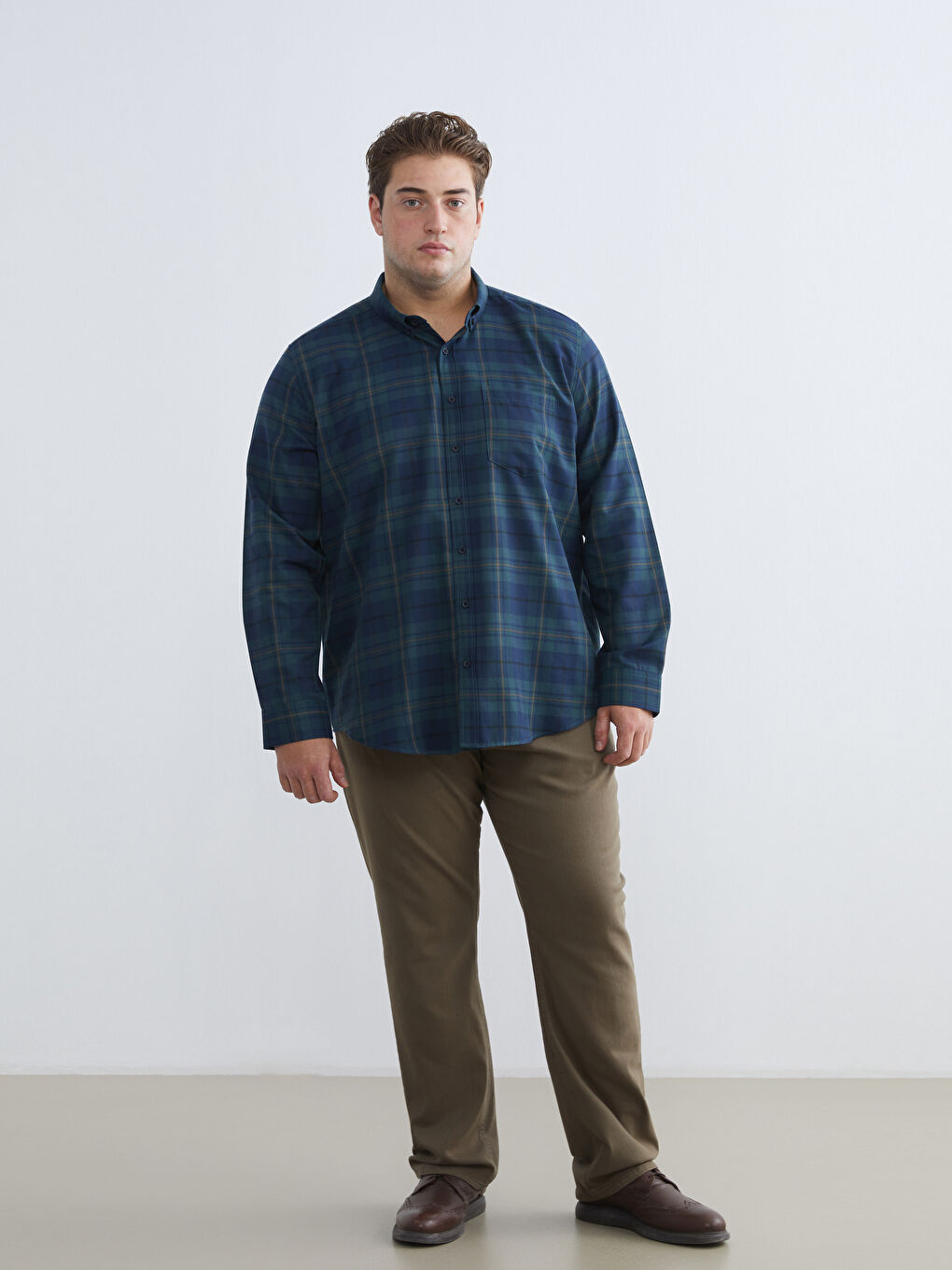 Yeşil Regular Fit Uzun Kollu Ekose Gabardin Erkek Gömlek-1