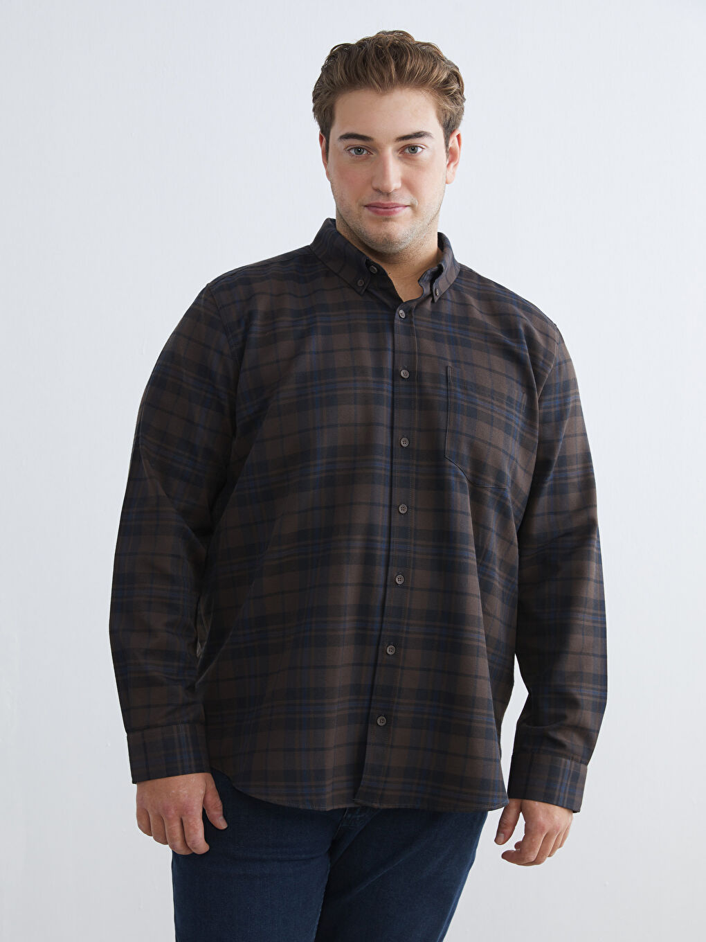 Kahverengi Regular Fit Uzun Kollu Ekose Gabardin Erkek Gömlek