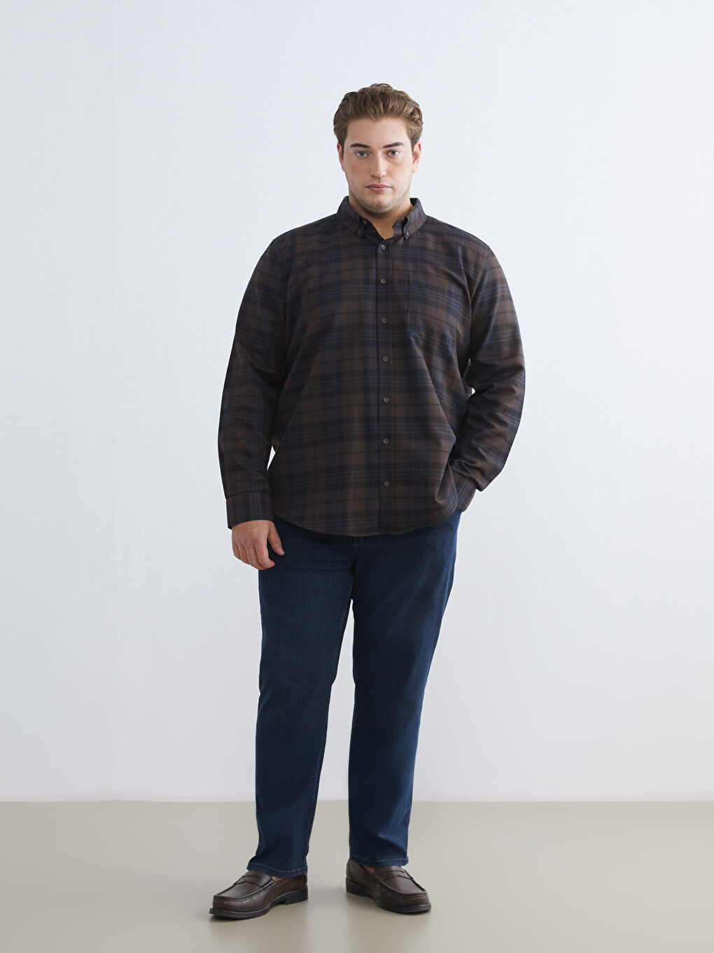 Kahverengi Regular Fit Uzun Kollu Ekose Gabardin Erkek Gömlek-1