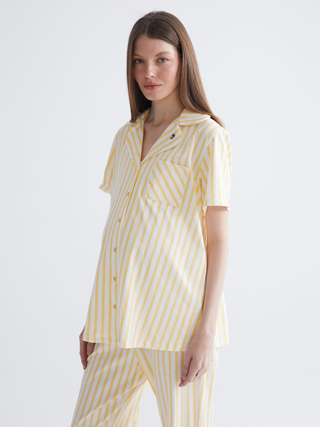 Ekru Gömlek Yaka Çizgili Hamile Pijama Takımı-1