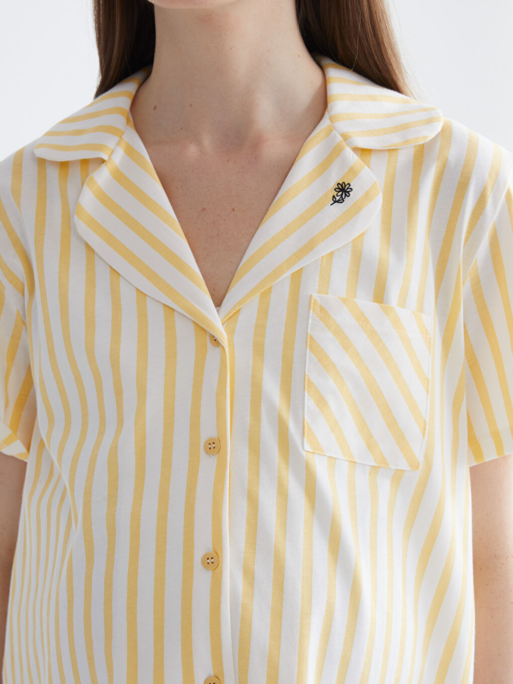 Ekru Gömlek Yaka Çizgili Hamile Pijama Takımı-2