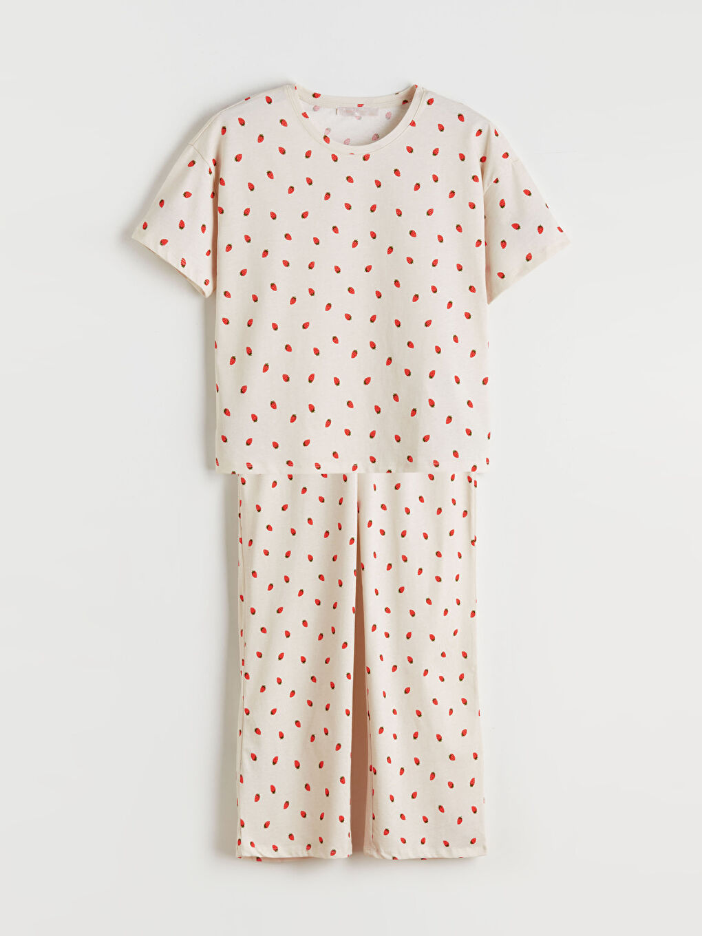 Ekru Bisiklet Yaka Desenli Kadın Pijama Takımı-4