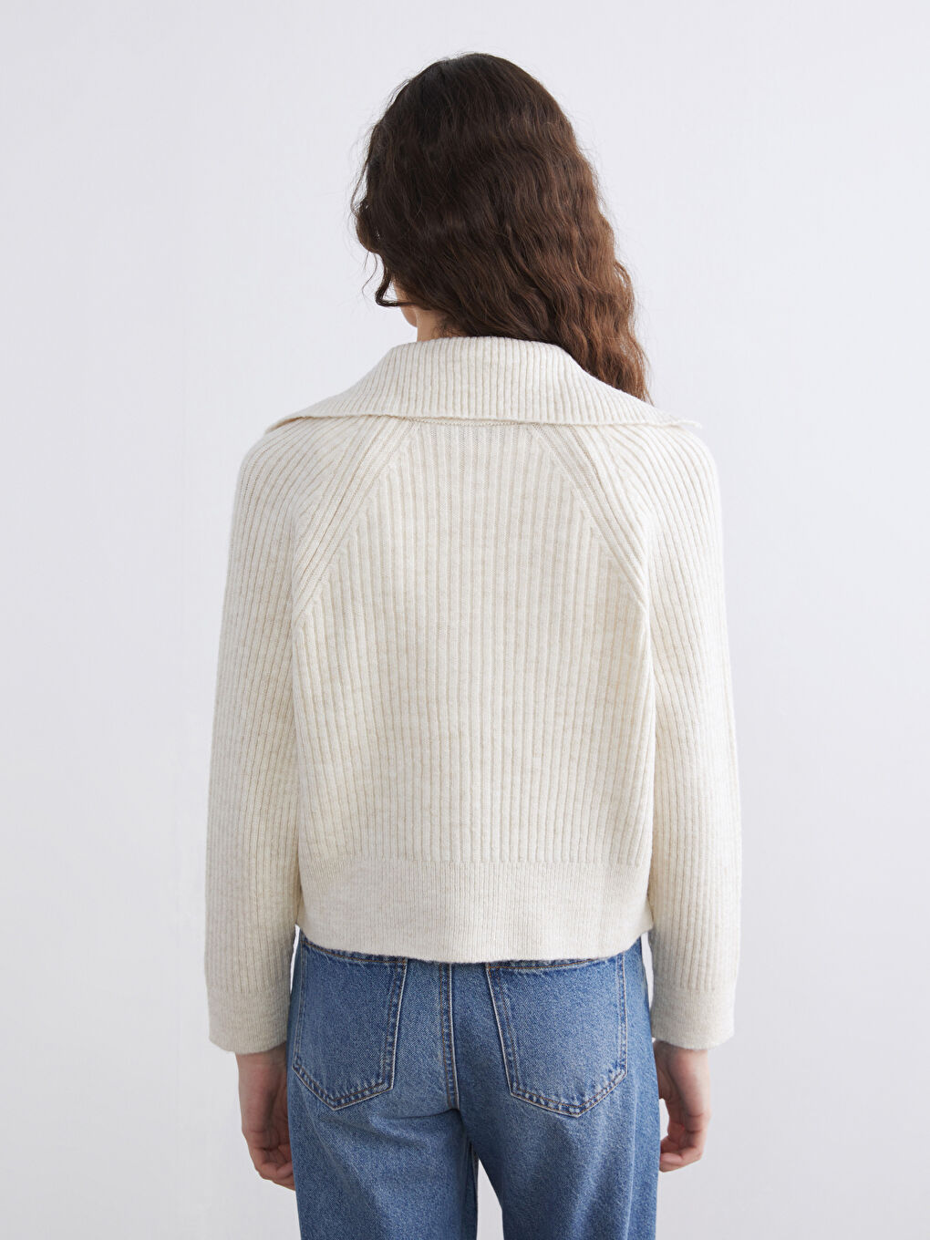 Ekru Polo Yaka Kadın Triko Hırka-3