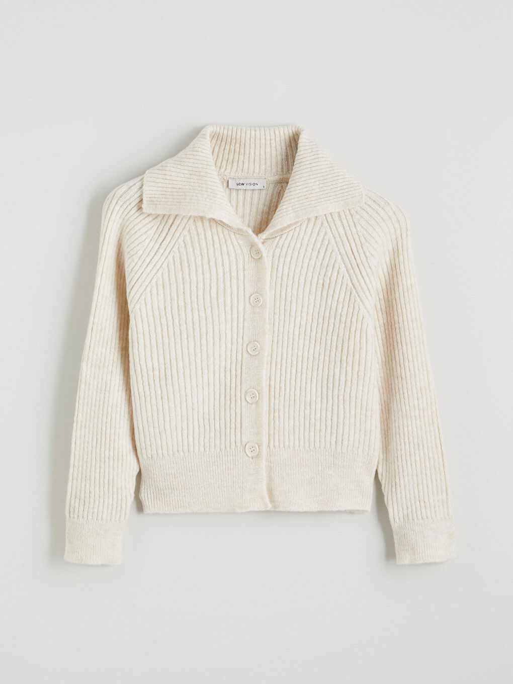 Ekru Polo Yaka Kadın Triko Hırka-4