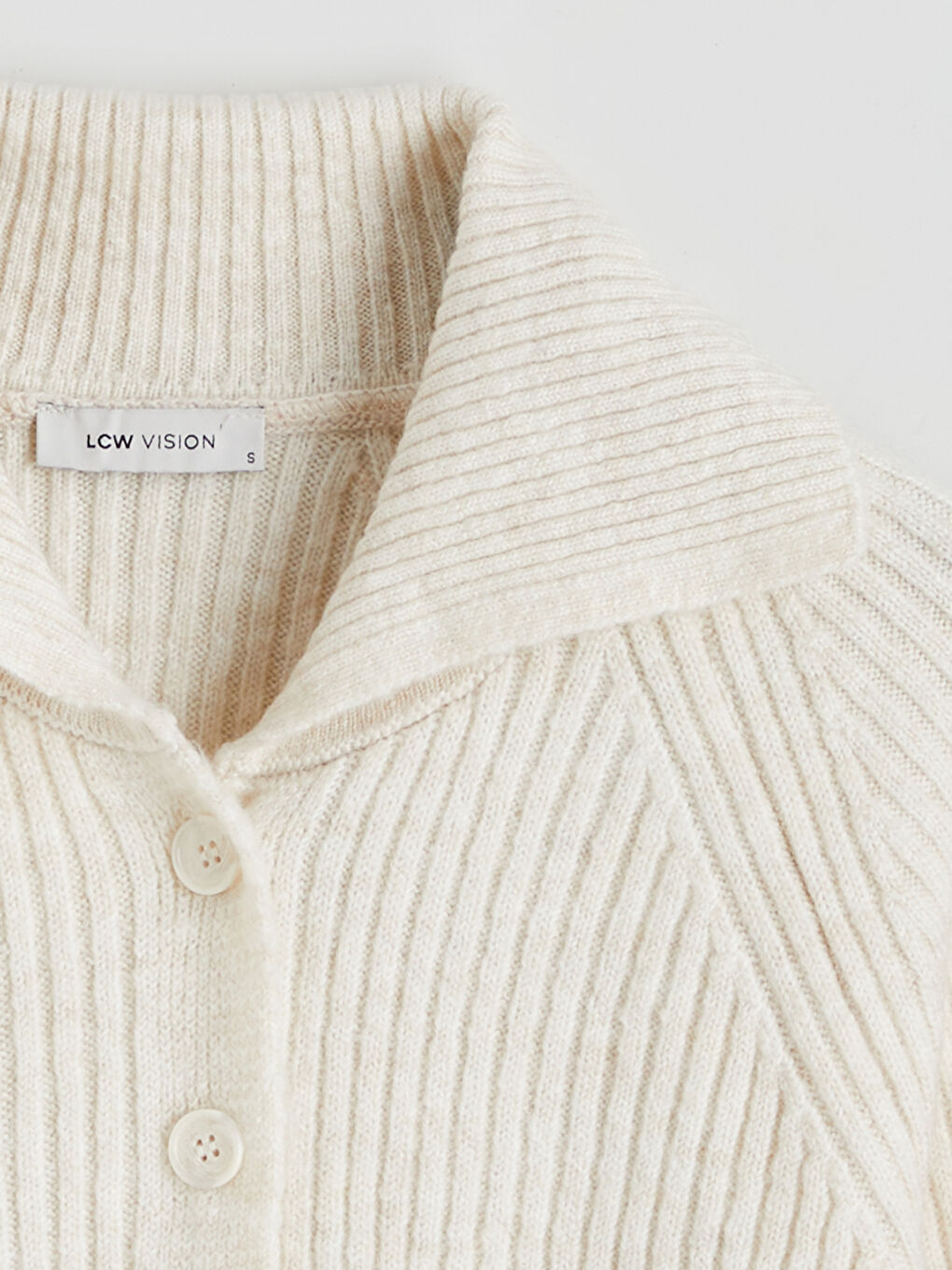 Ekru Polo Yaka Kadın Triko Hırka-5