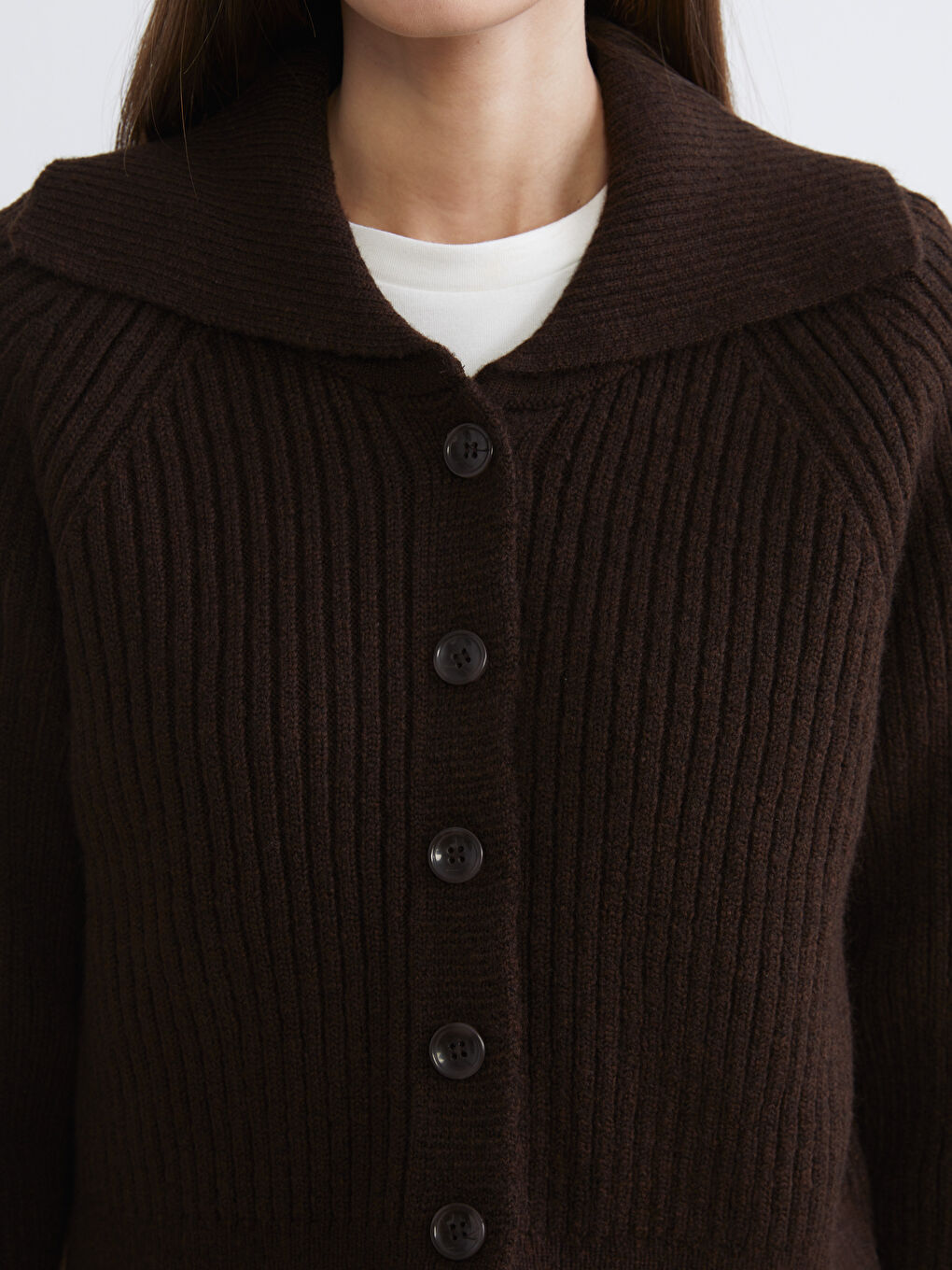 Kahverengi Polo Yaka Kadın Triko Hırka-2