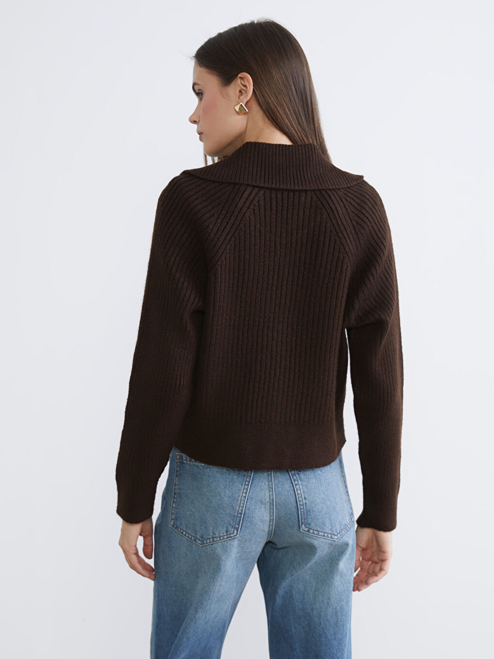 Kahverengi Polo Yaka Kadın Triko Hırka-3