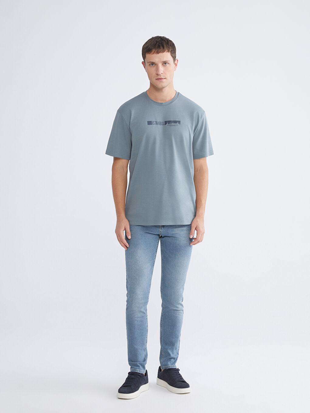 İndigo Bisiklet Yaka Baskılı Erkek Tişört-1