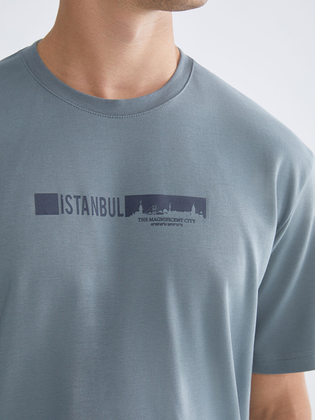 İndigo Bisiklet Yaka Baskılı Erkek Tişört-2