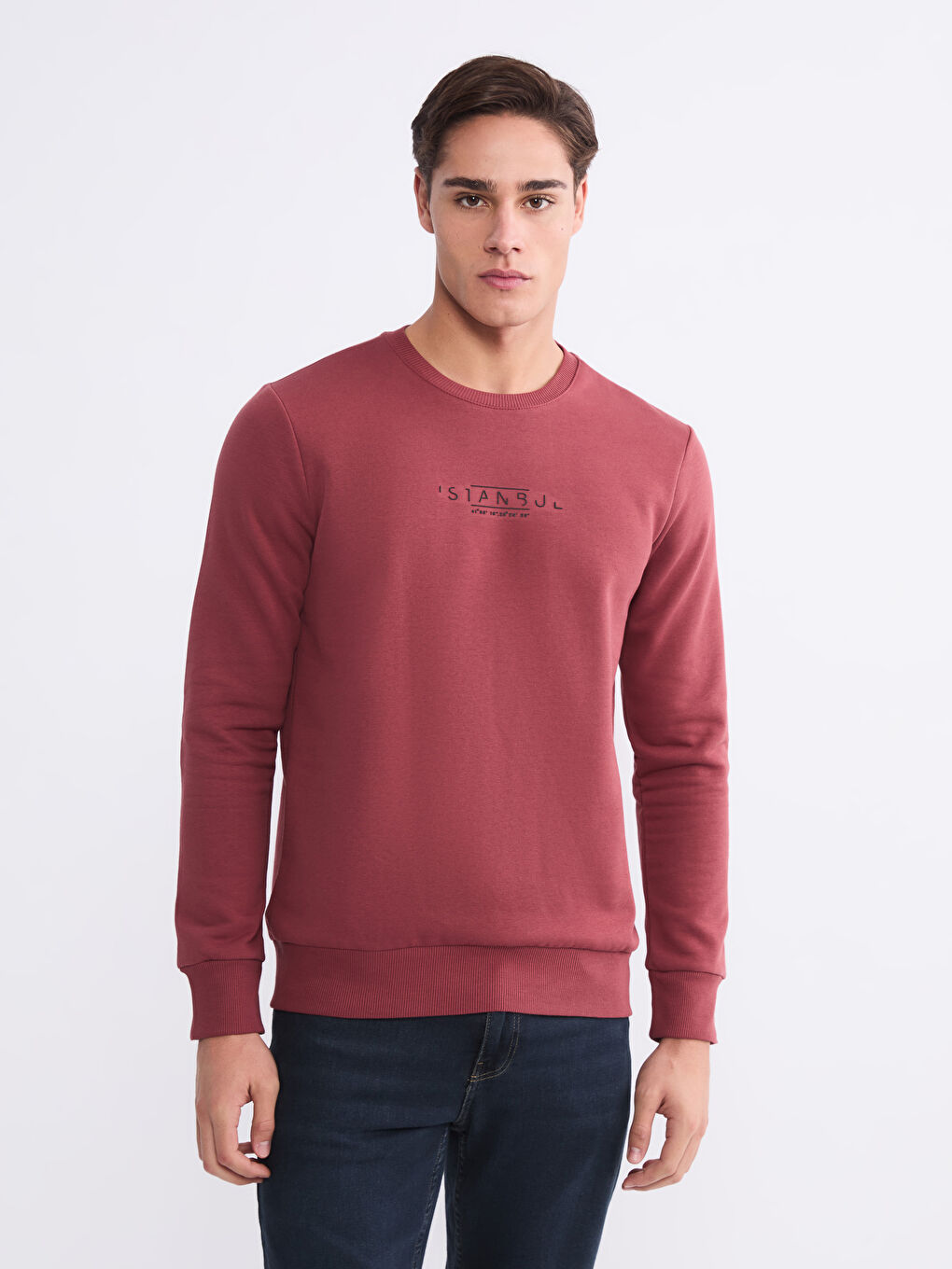 Kırmızı Bisiklet Yaka Baskılı Erkek Sweatshirt