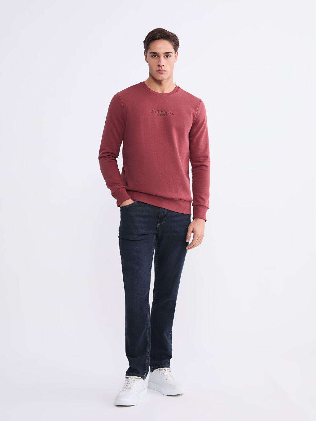 Kırmızı Bisiklet Yaka Baskılı Erkek Sweatshirt-1