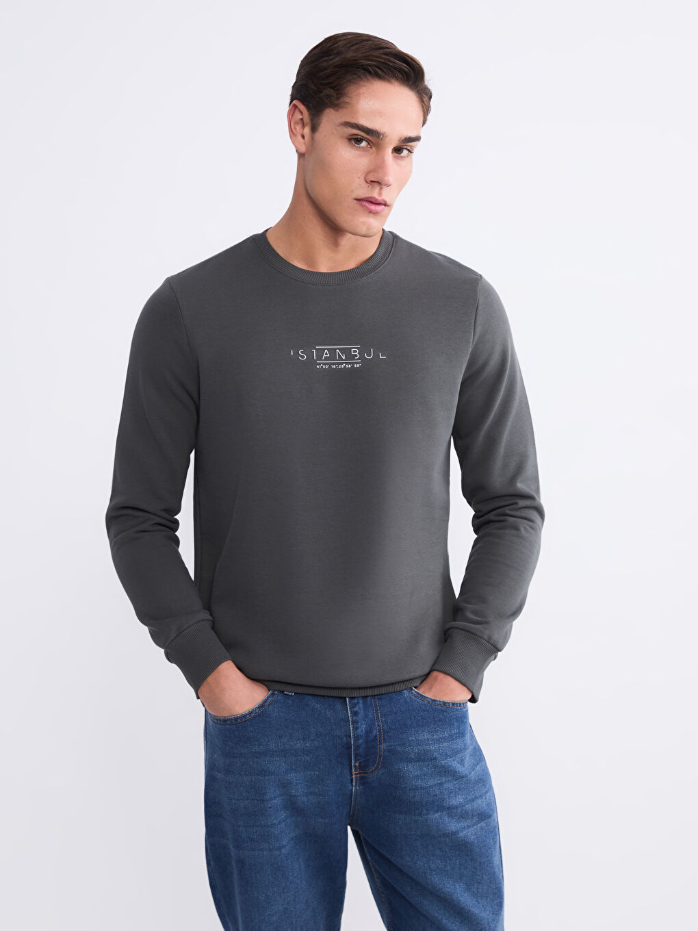 Antrasit Bisiklet Yaka Baskılı Erkek Sweatshirt