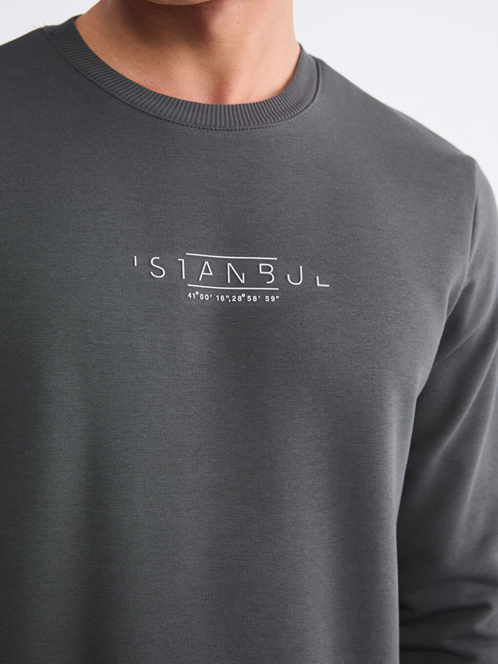 Antrasit Bisiklet Yaka Baskılı Erkek Sweatshirt-2