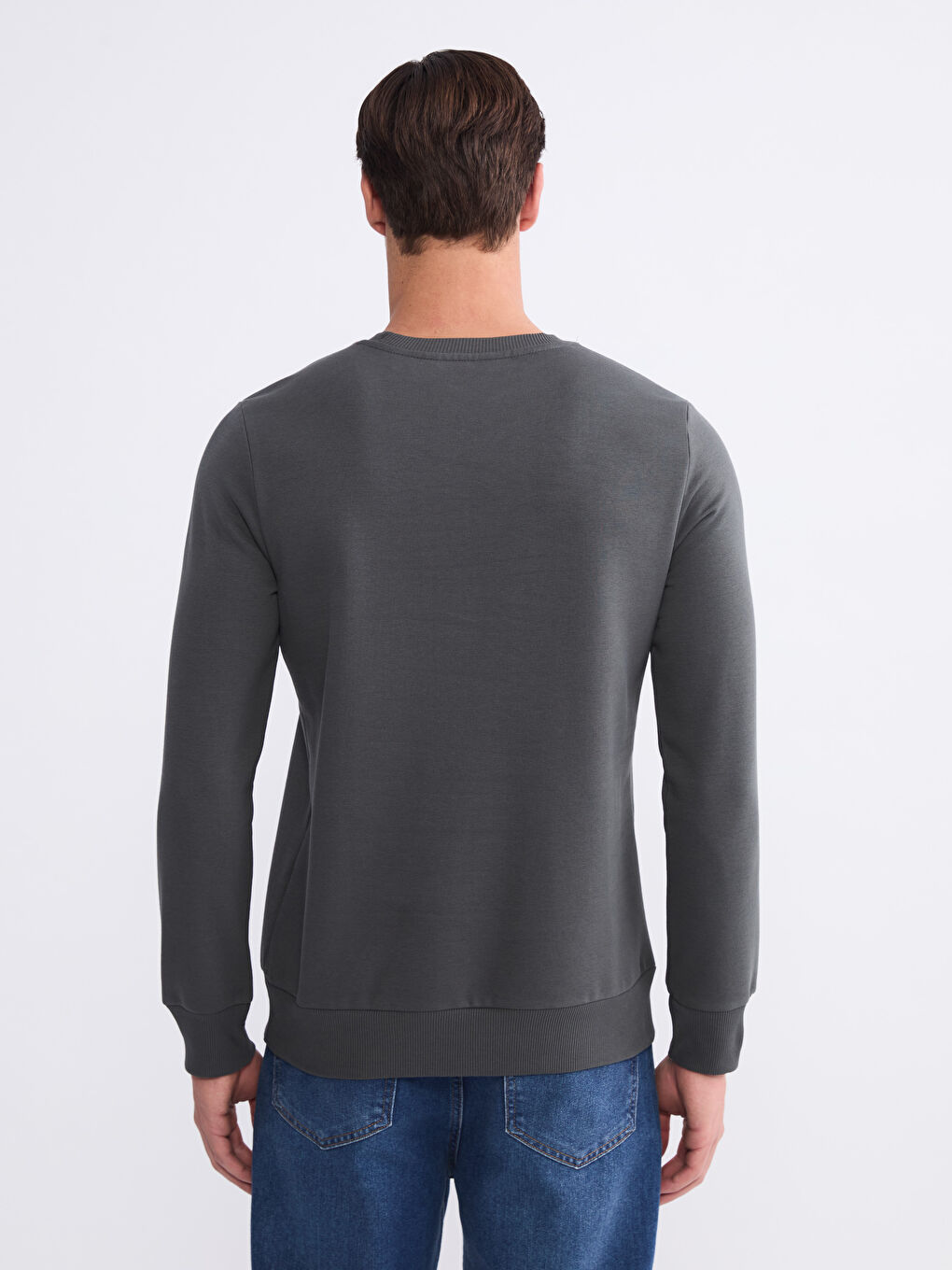 Antrasit Bisiklet Yaka Baskılı Erkek Sweatshirt-3