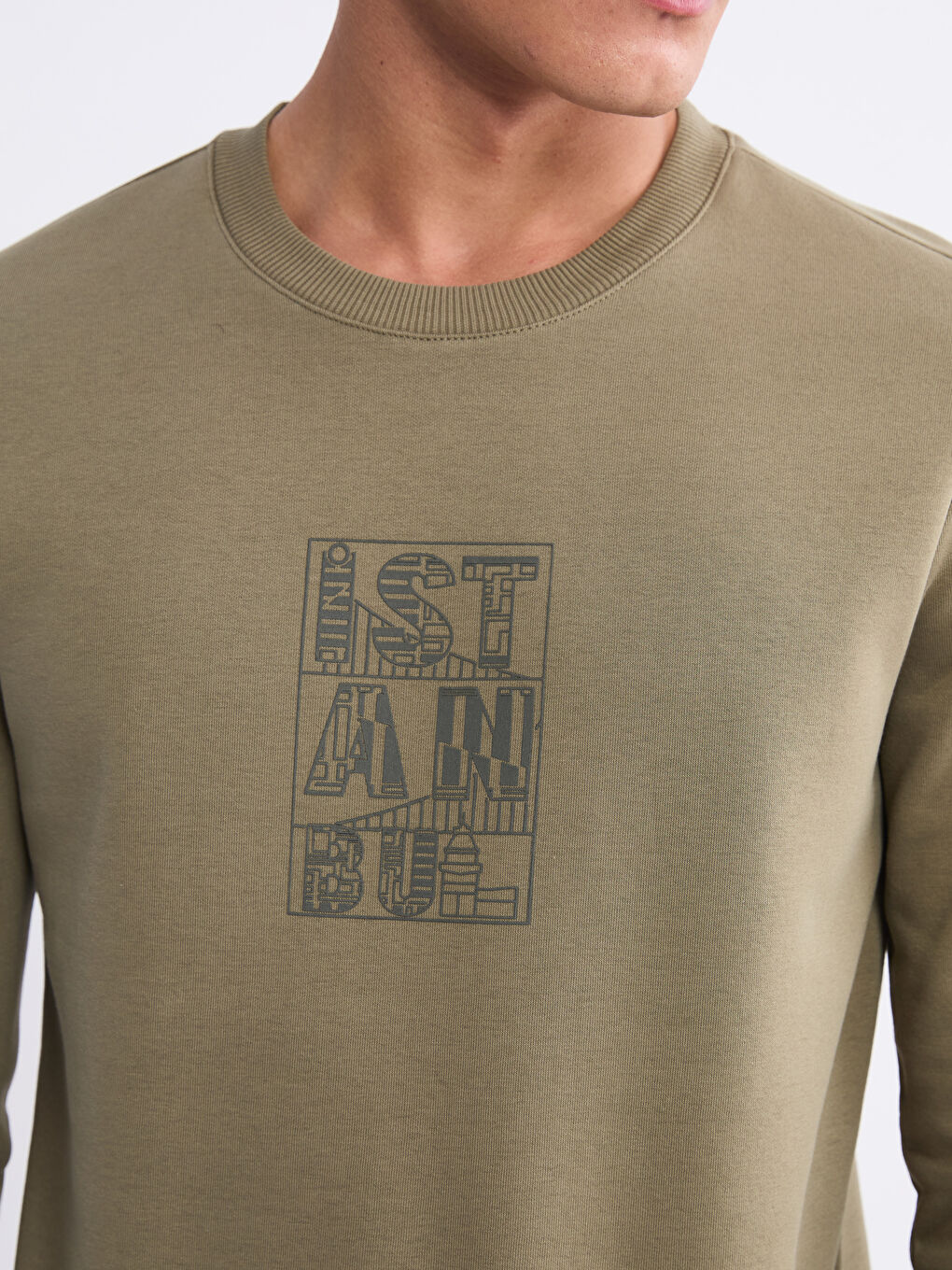 Haki Bisiklet Yaka Baskılı Erkek Sweatshirt-2