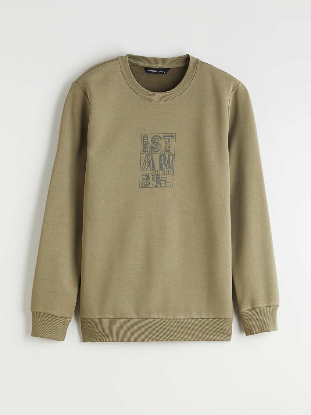 Haki Bisiklet Yaka Baskılı Erkek Sweatshirt-4