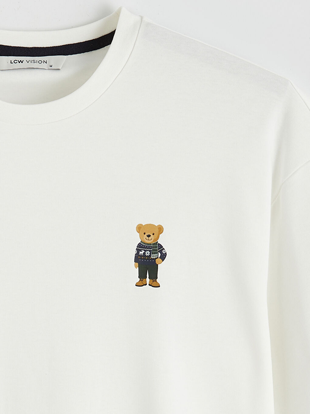 Ekru Bisiklet Yaka Ayı Teddy Baskılı Erkek Tişört-5