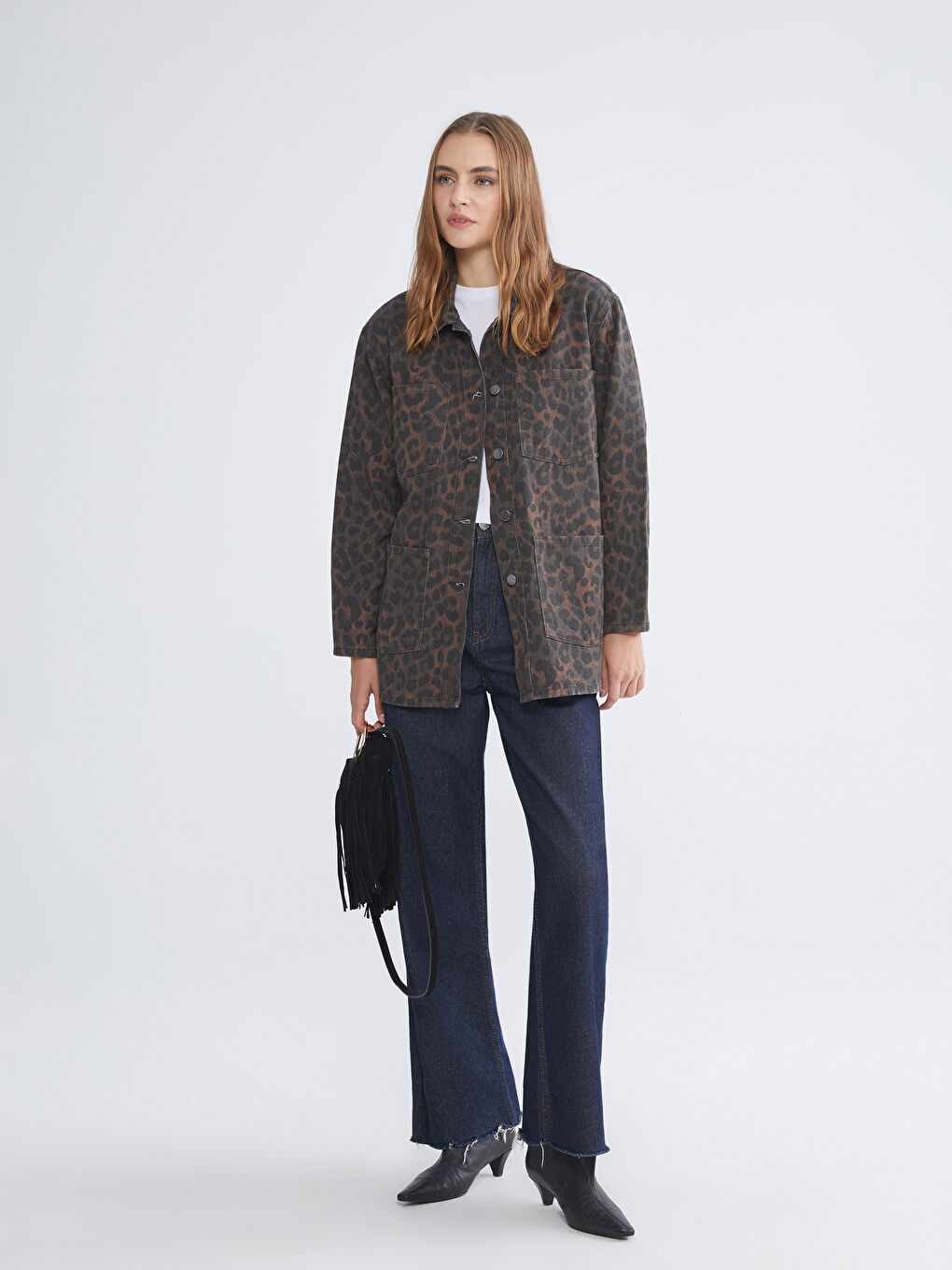 Kahverengi Leopar Desenli Kuşaklı Kadın Jean Ceket-1