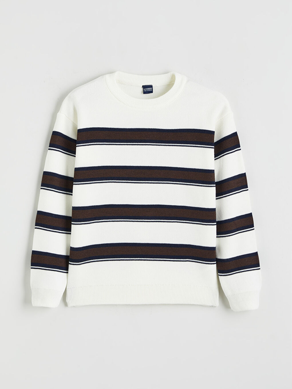 Ekru Bisiklet Yaka Çizgili Erkek Çocuk Triko Kazak