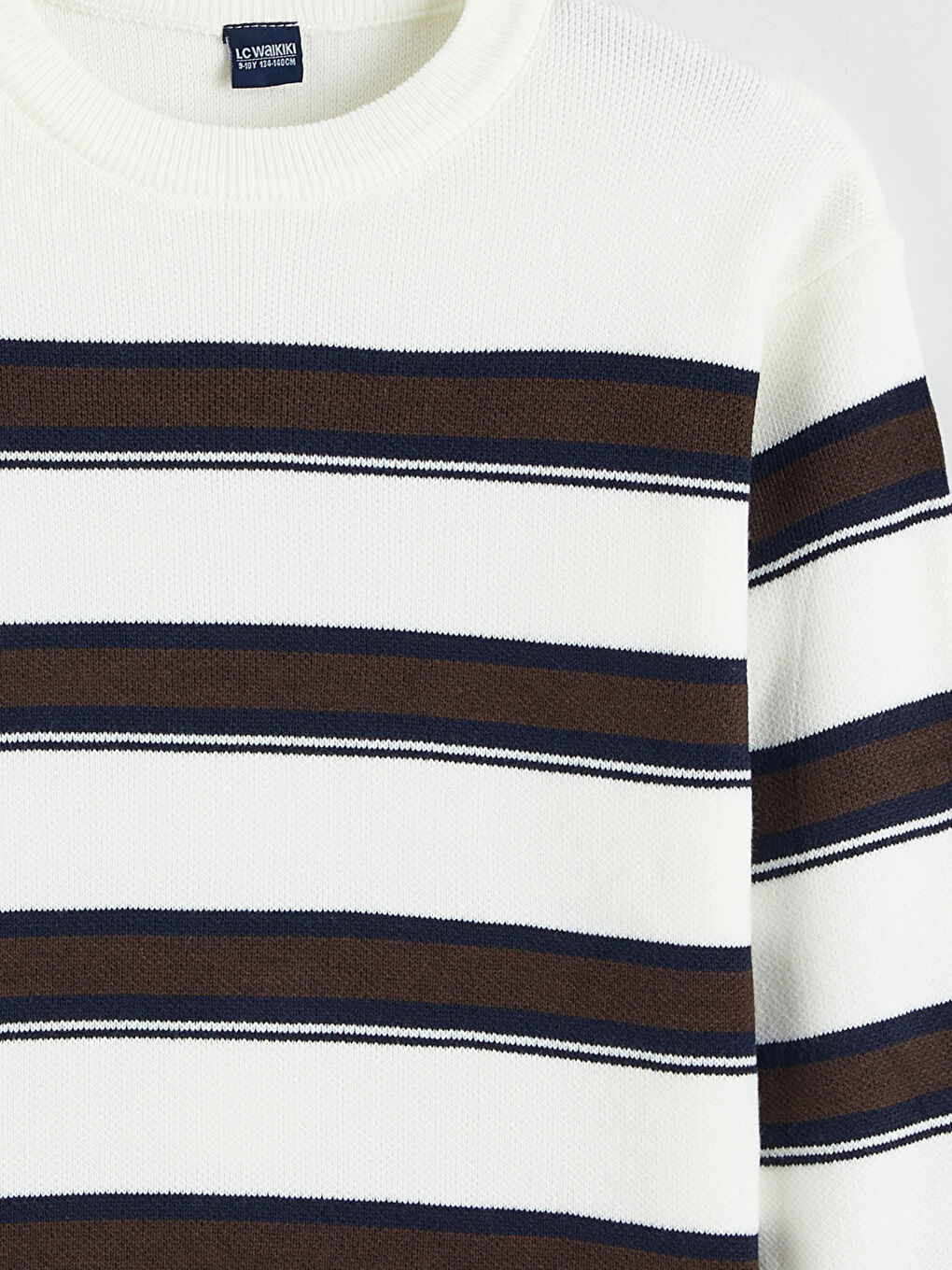 Ekru Bisiklet Yaka Çizgili Erkek Çocuk Triko Kazak-2