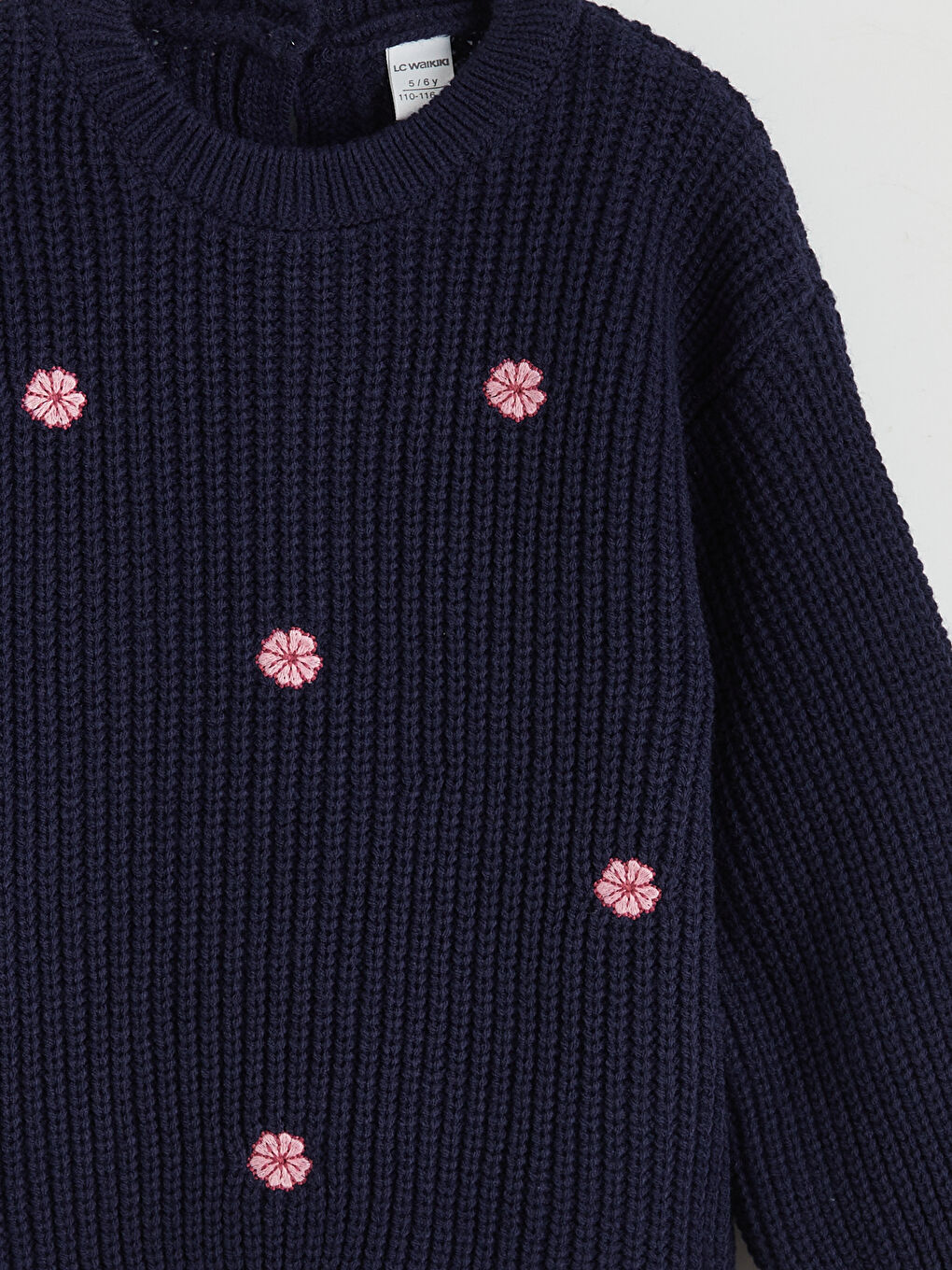 Lacivert Bisiklet Yaka Nakışlı Kız Çocuk Triko Kazak-2