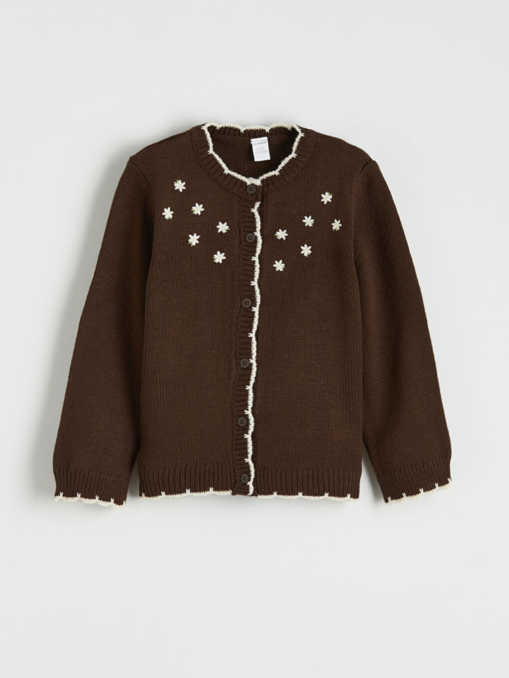 Kahverengi Bisiklet Yaka Çiçek Nakışlı Kız Çocuk Triko Hırka