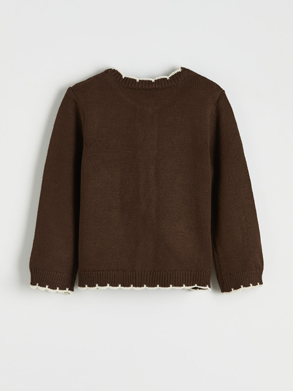 Kahverengi Bisiklet Yaka Çiçek Nakışlı Kız Çocuk Triko Hırka-1