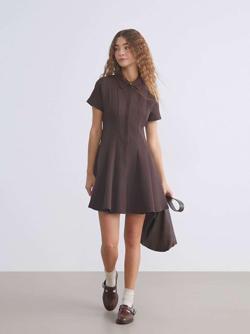 Kahverengi Belden Oturtmalı Mini Gömlek Elbise-3