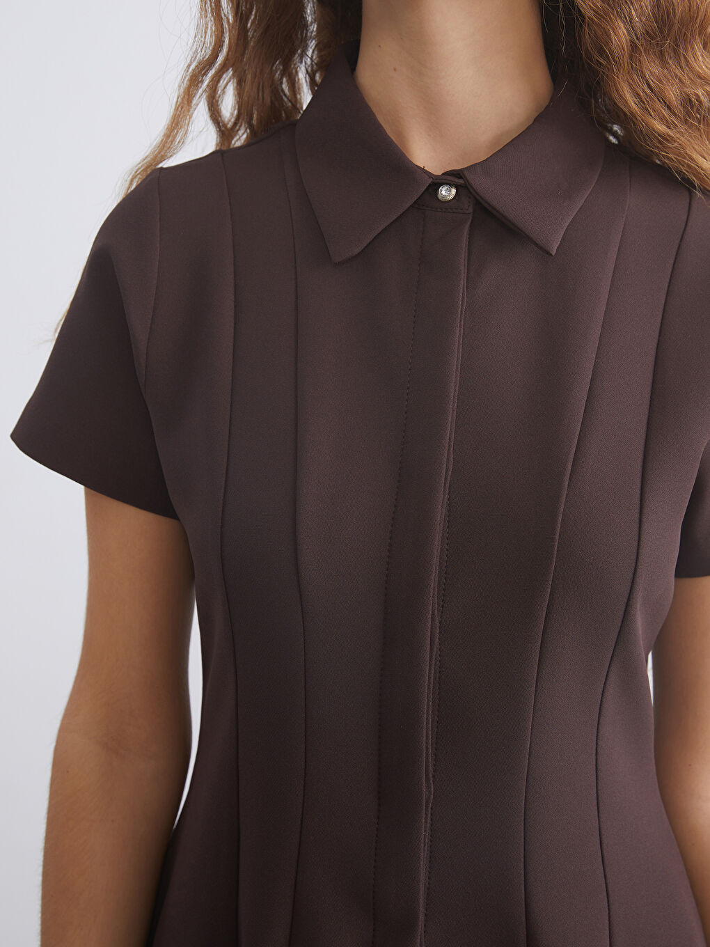 Kahverengi Belden Oturtmalı Mini Gömlek Elbise-4