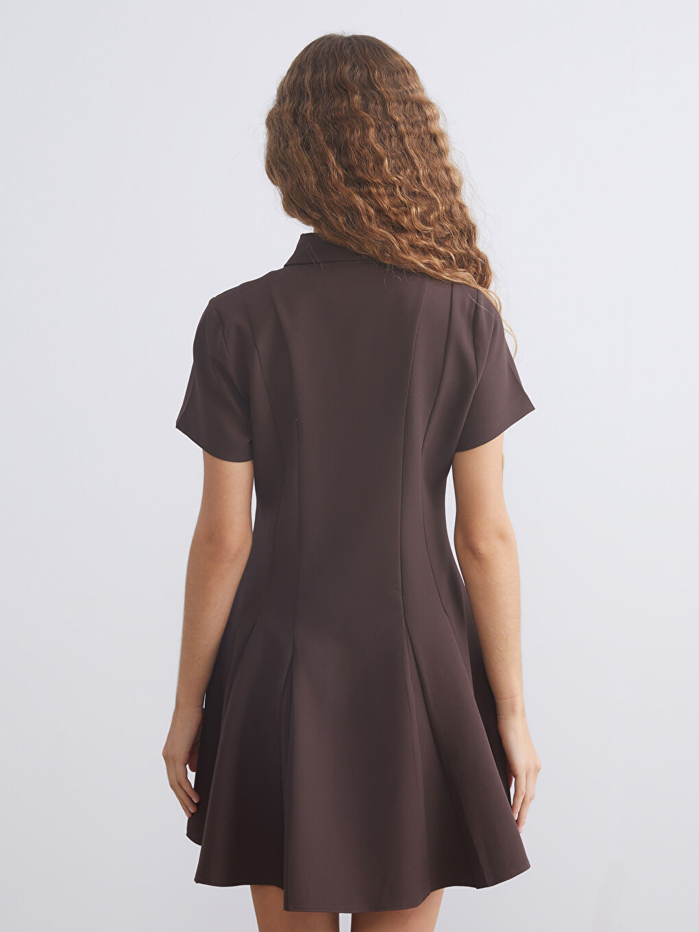 Kahverengi Belden Oturtmalı Mini Gömlek Elbise-5