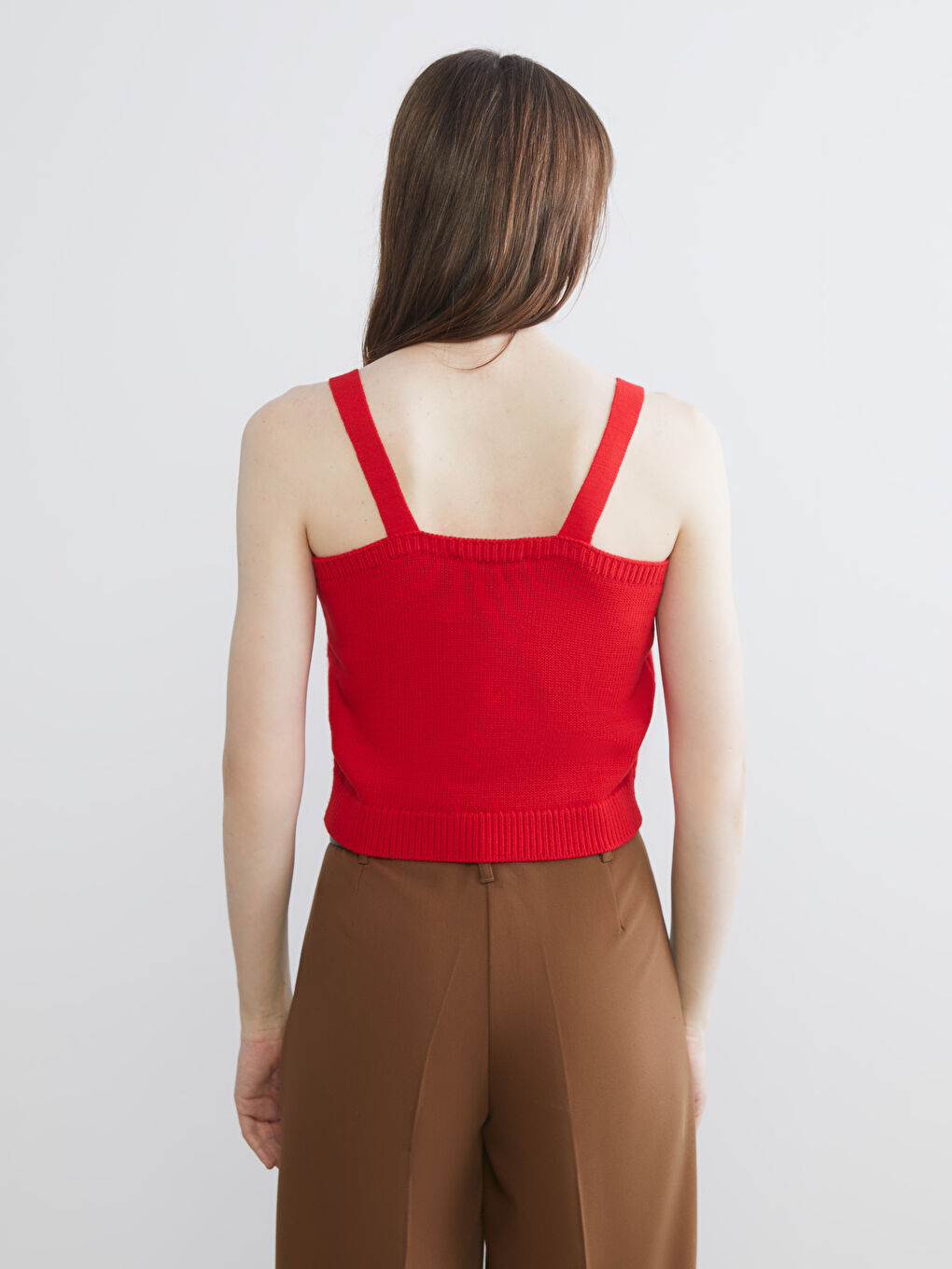 Kırmızı Kalp Yaka Kadın Triko Crop-7