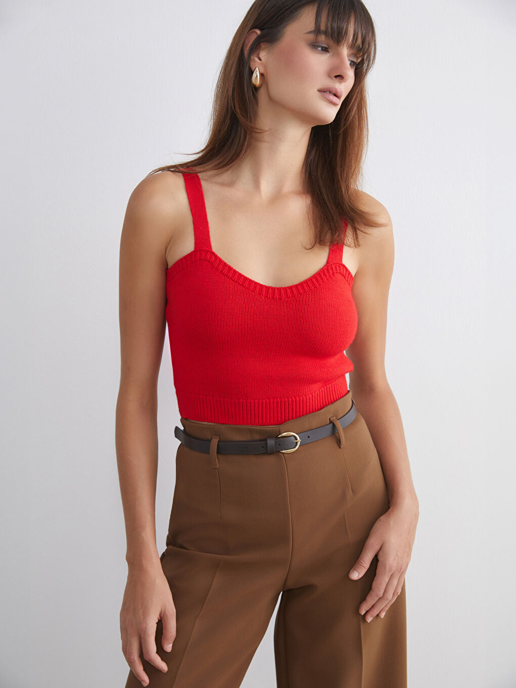 Kırmızı Kalp Yaka Kadın Triko Crop-1