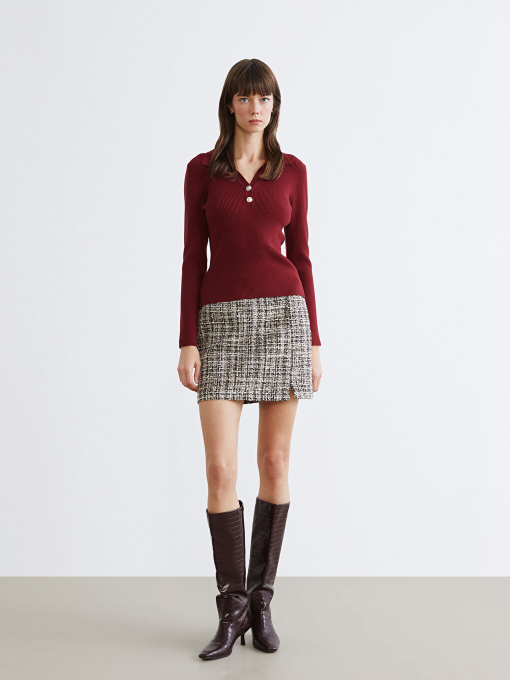 High Waisted Zippered Plaid A Form Mini Tweed Skirt