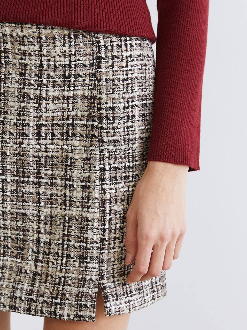 High Waisted Zippered Plaid A Form Mini Tweed Skirt-2