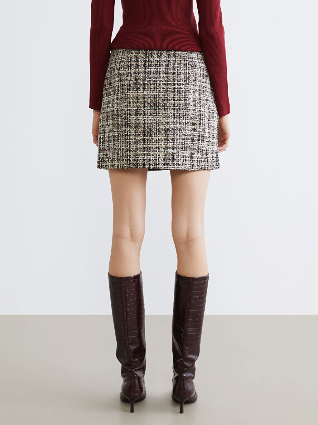 High Waisted Zippered Plaid A Form Mini Tweed Skirt-3