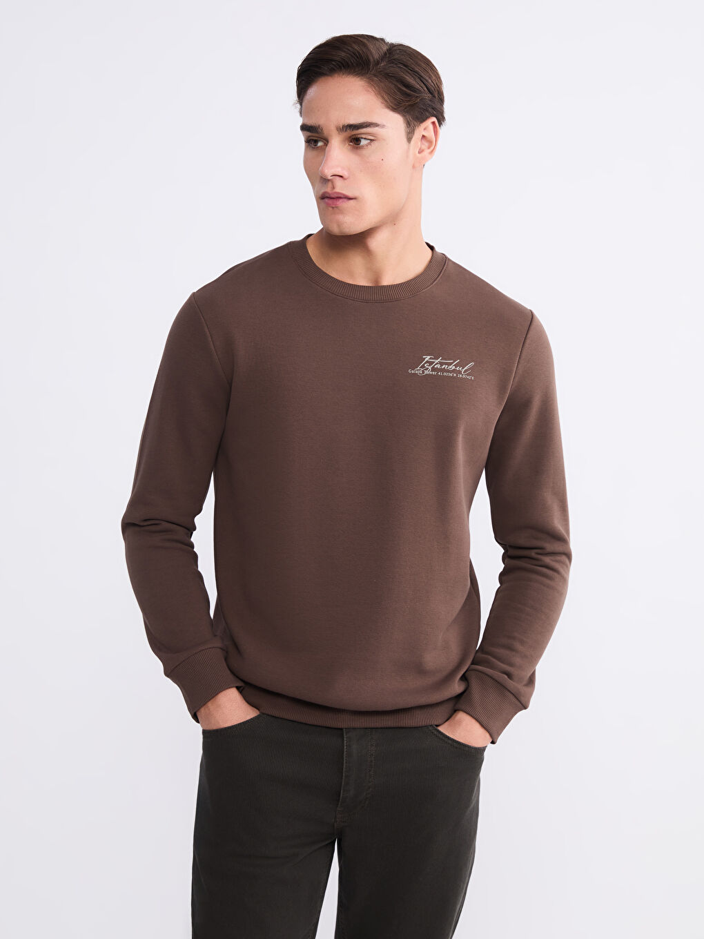 Kahverengi Bisiklet Yaka Baskılı Erkek Sweatshirt