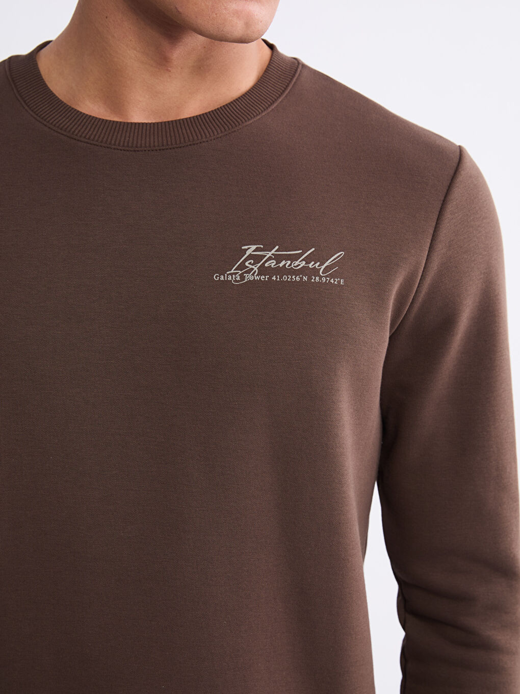 Kahverengi Bisiklet Yaka Baskılı Erkek Sweatshirt-2