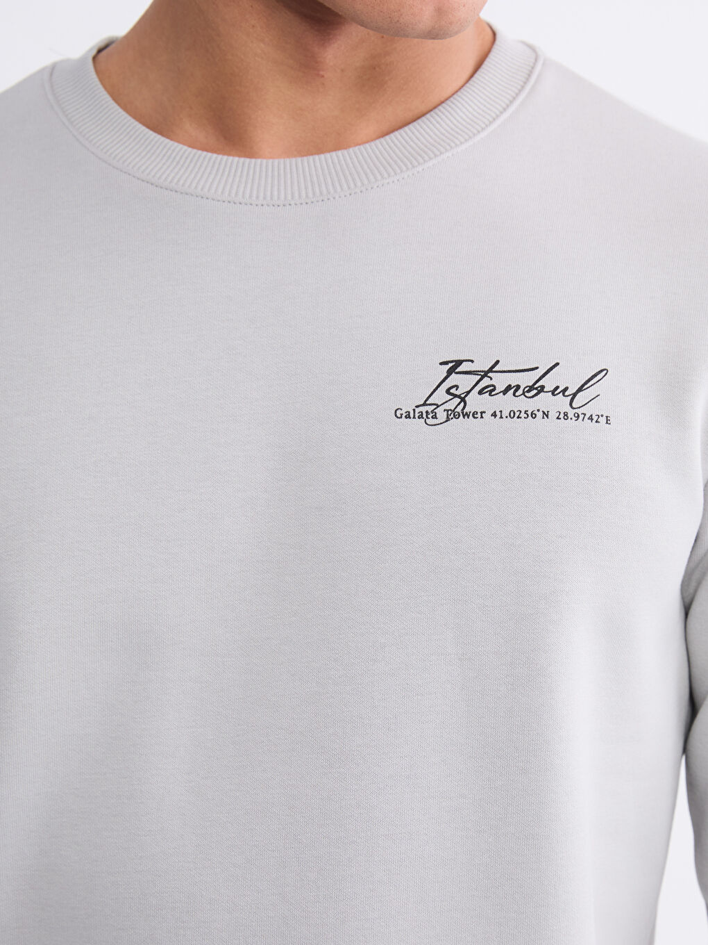 Gri Bisiklet Yaka Baskılı Erkek Sweatshirt-2