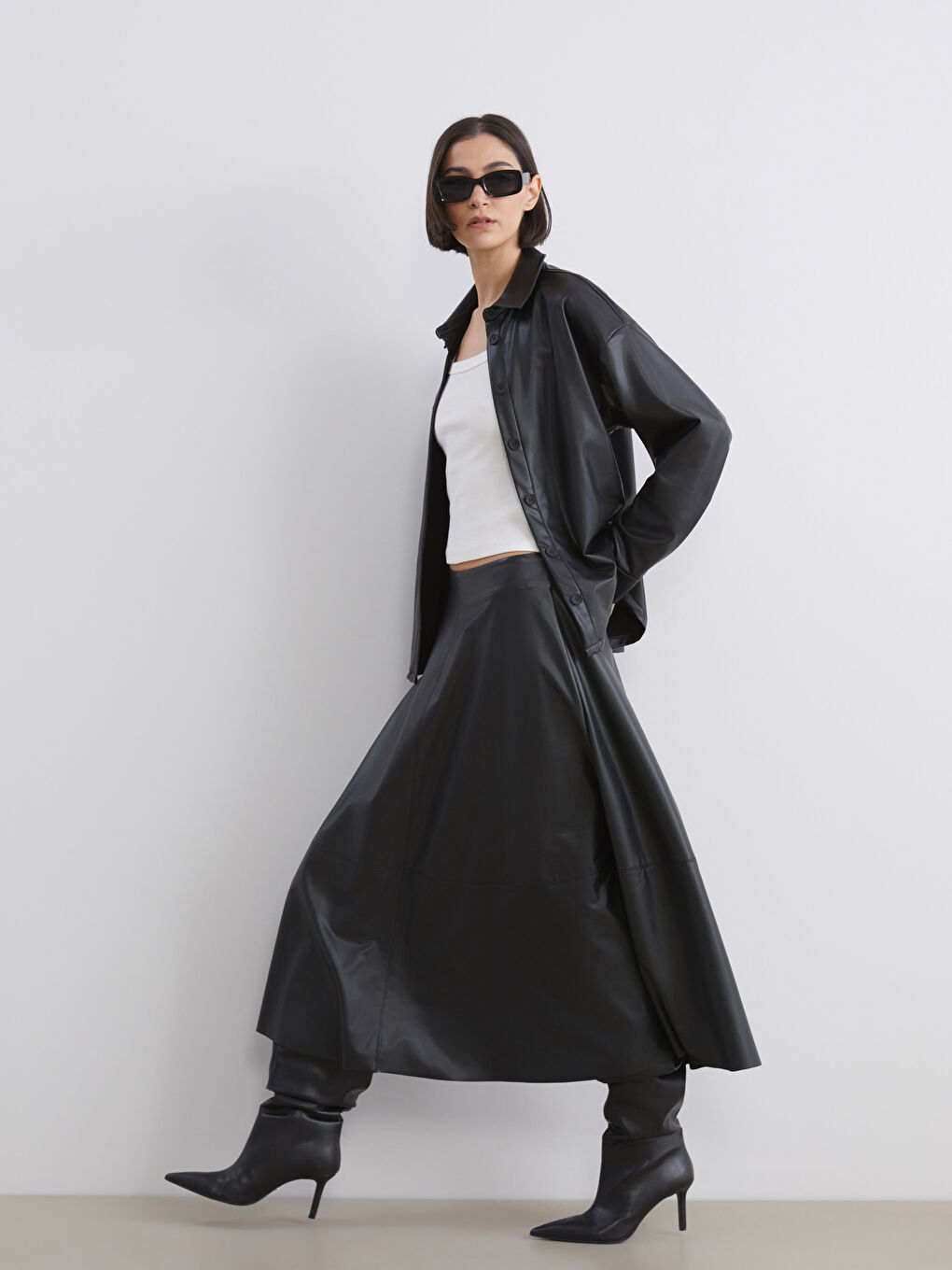 Leather Look Flared Skirt