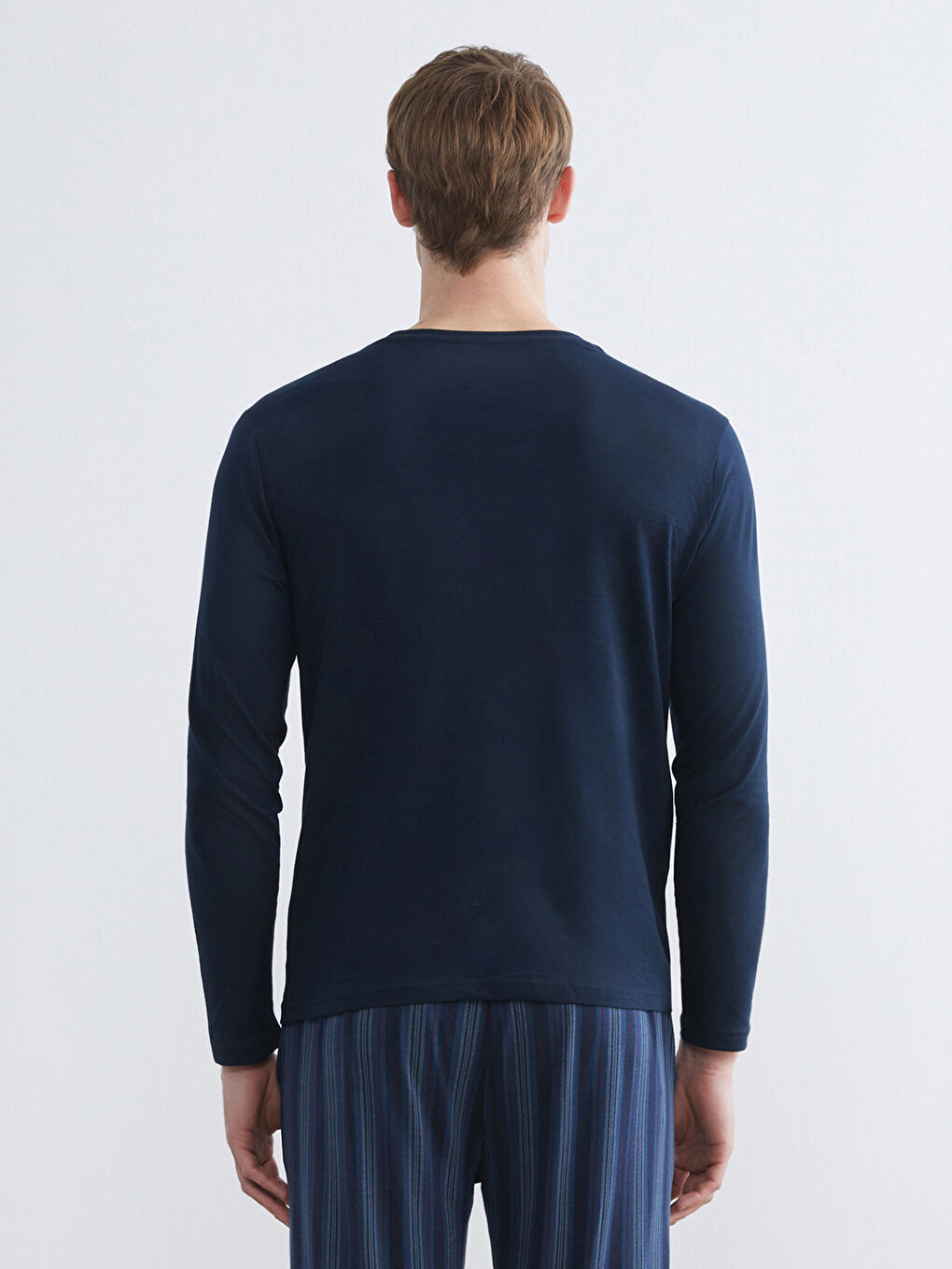 Lacivert Bisiklet Yaka Uzun Kollu Erkek Pijama Üst-1