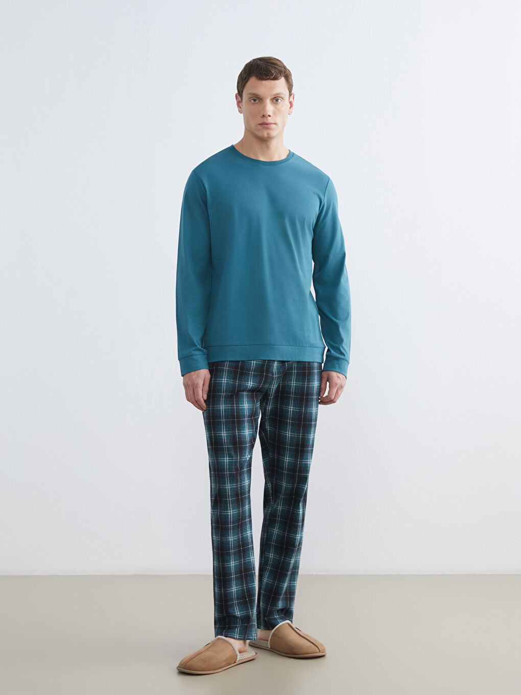 Mavi Standart Kalıp Ekose Erkek Pijama Alt