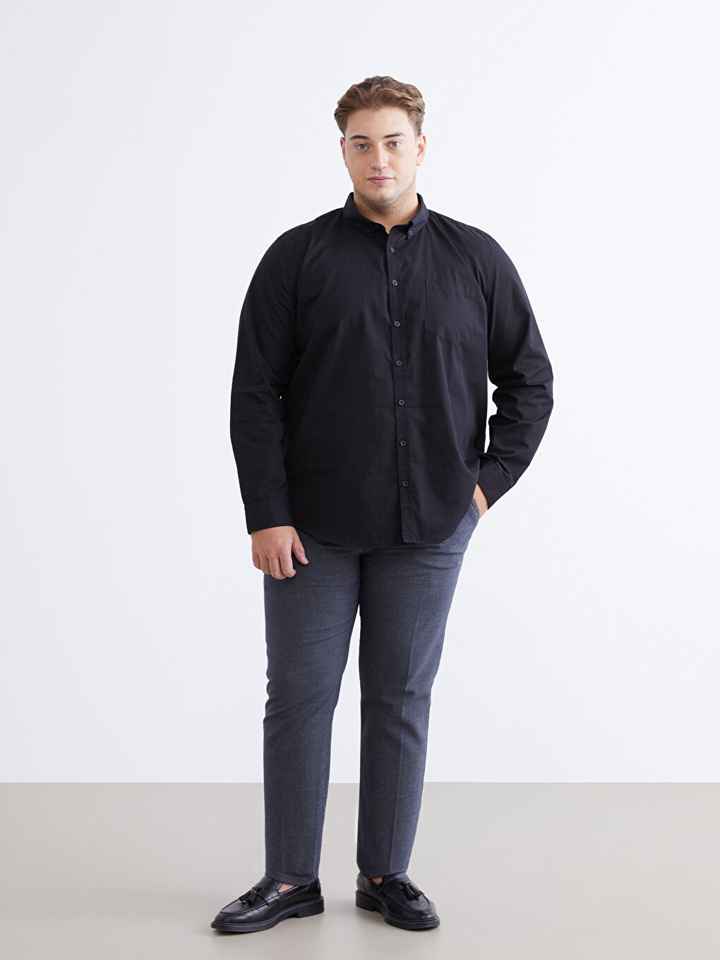 Siyah Büyük Beden Regular Fit Uzun Kollu Armürlü Erkek Gömlek-1