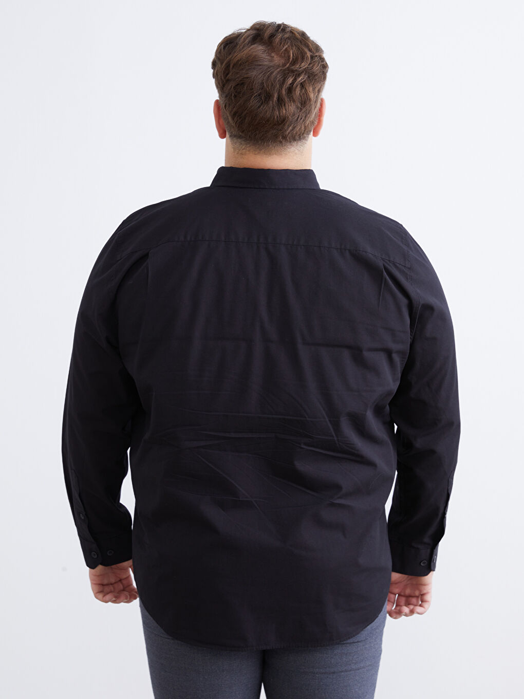 Siyah Büyük Beden Regular Fit Uzun Kollu Armürlü Erkek Gömlek-3