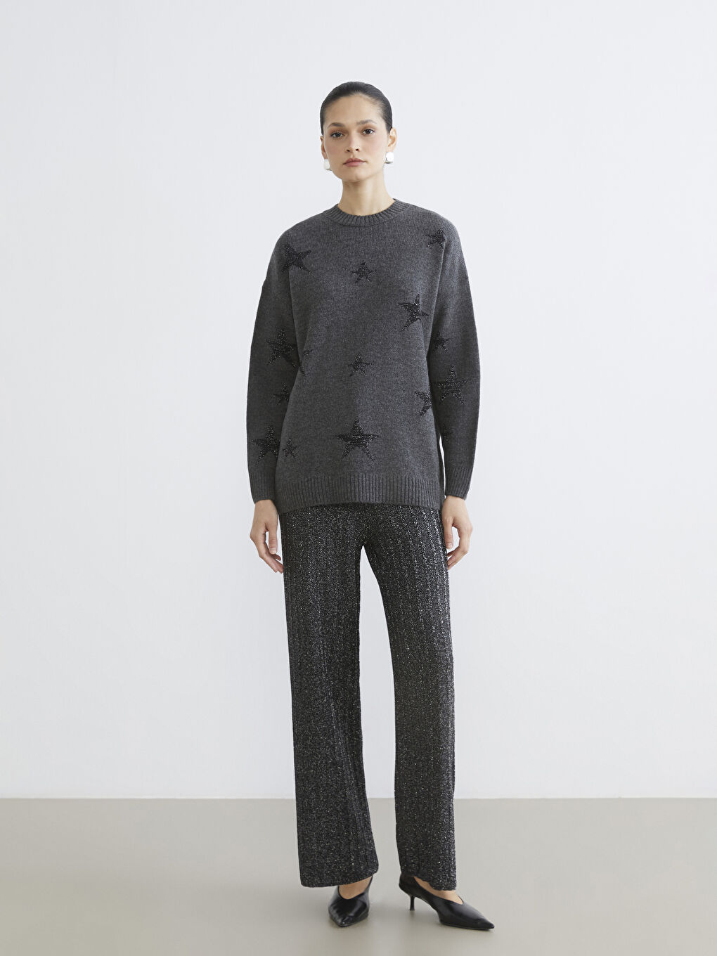 Antrasit Bisiklet Yaka Yıldız Desenli Kadın Triko Tunik-1