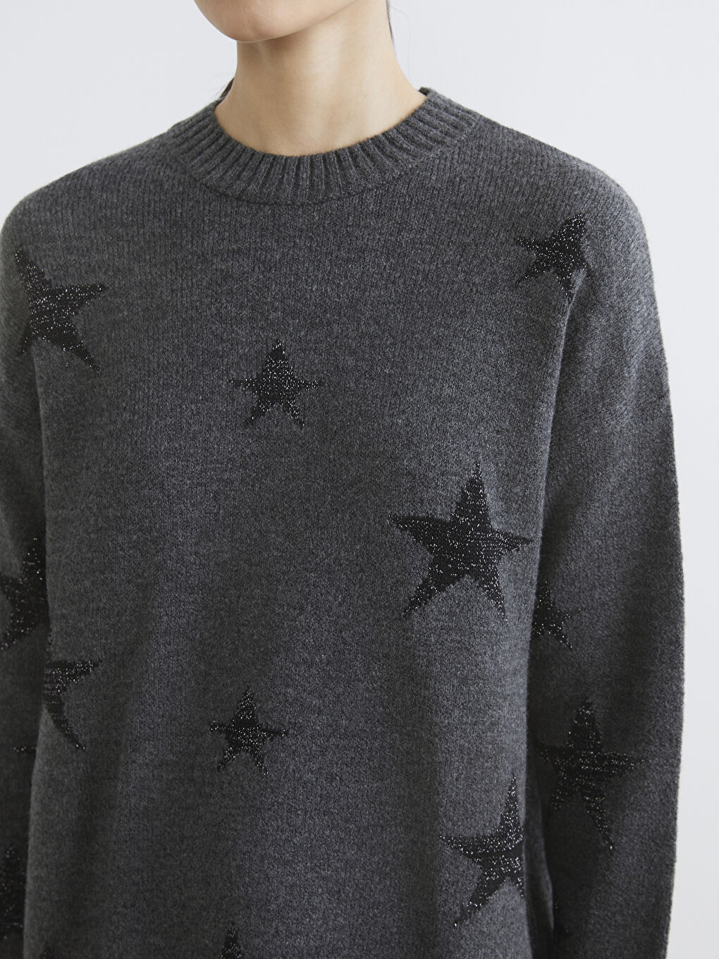 Antrasit Bisiklet Yaka Yıldız Desenli Kadın Triko Tunik-2