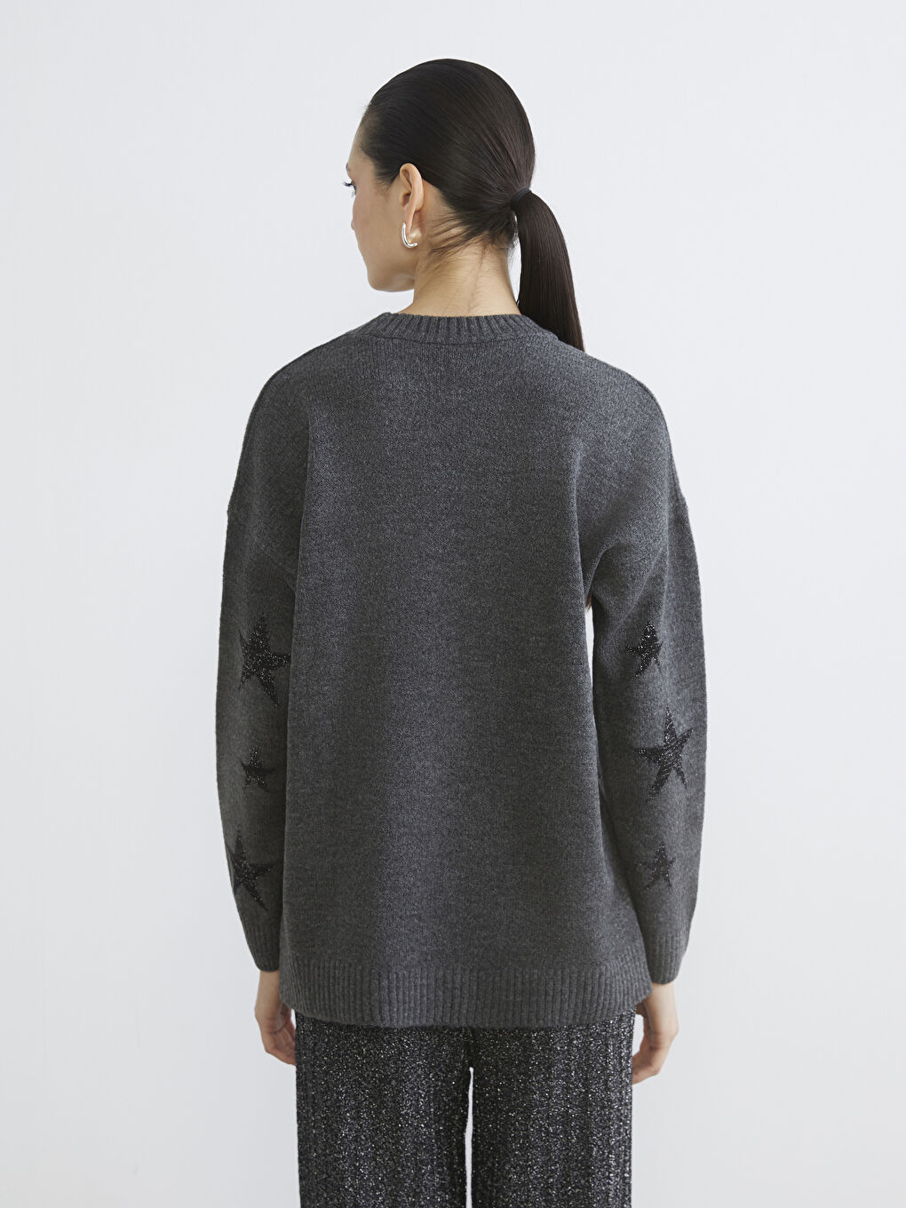 Antrasit Bisiklet Yaka Yıldız Desenli Kadın Triko Tunik-3